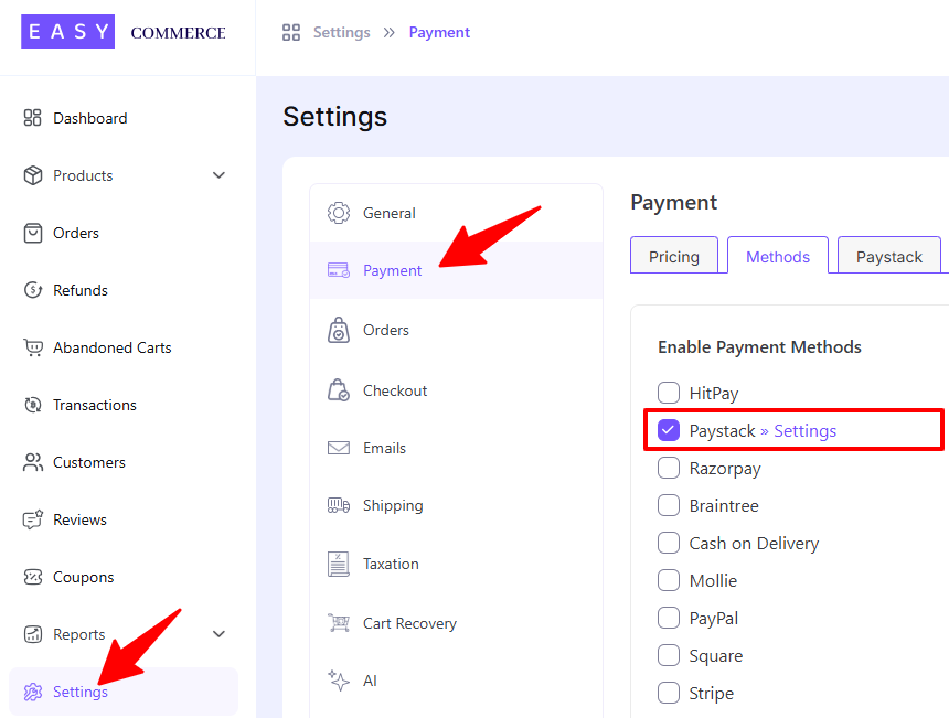 EasyCommerce paystack configuration